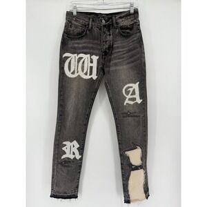 MNML‎ Distressed Embroidered Graphic Jeans, Slim Fit, Black Wash Denim 28x31